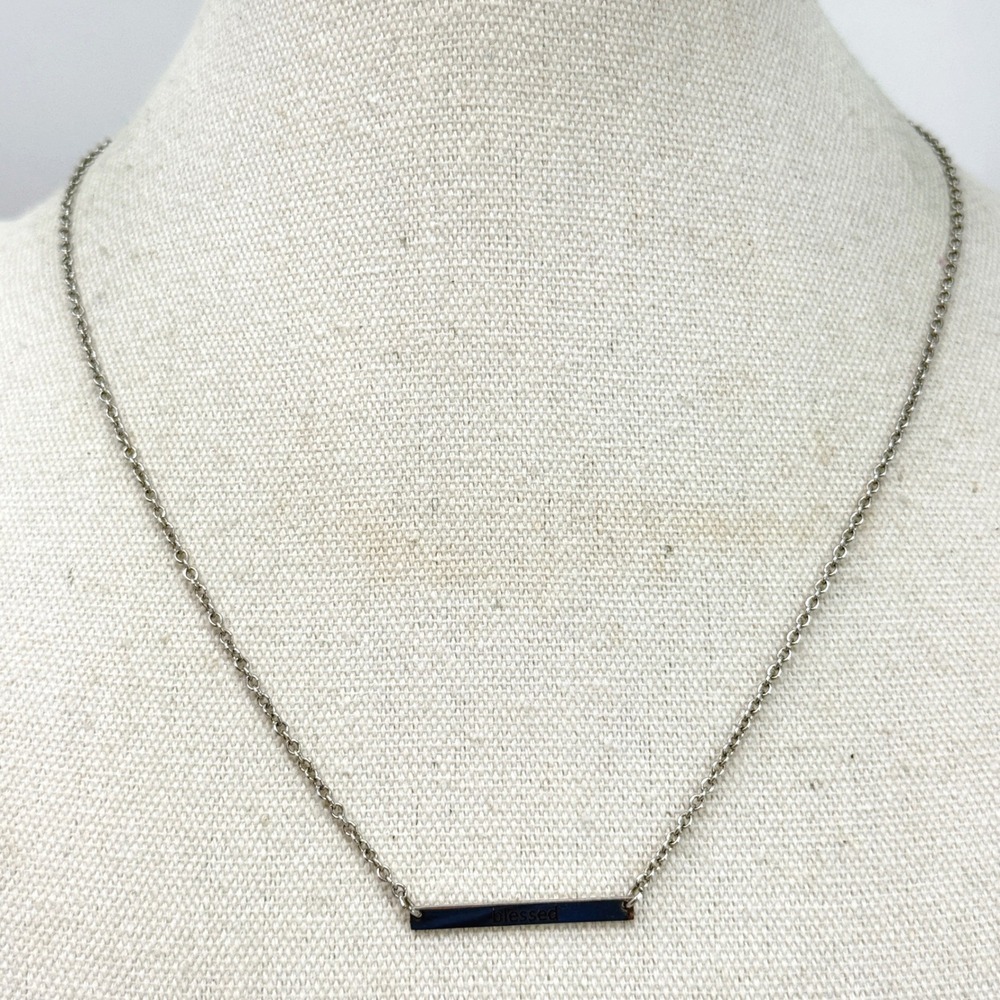Juicy Couture Blessed Bar Necklace Silver Tone Engraved Crown Charm Adjustable‎